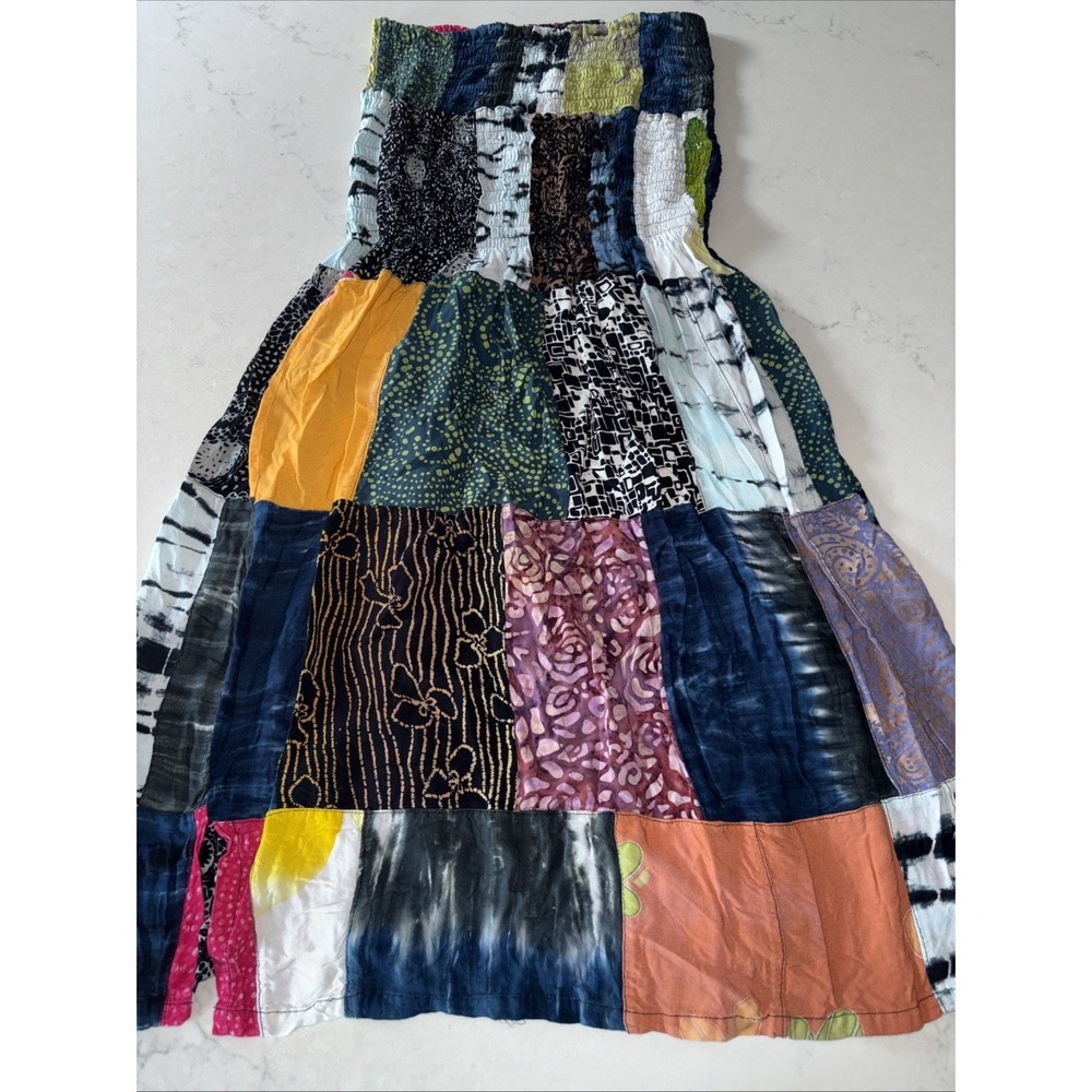 Boho Patchwork Maxi Skirt Dress Womens OS Floral Smocked Waist Gypsy Cottagecore